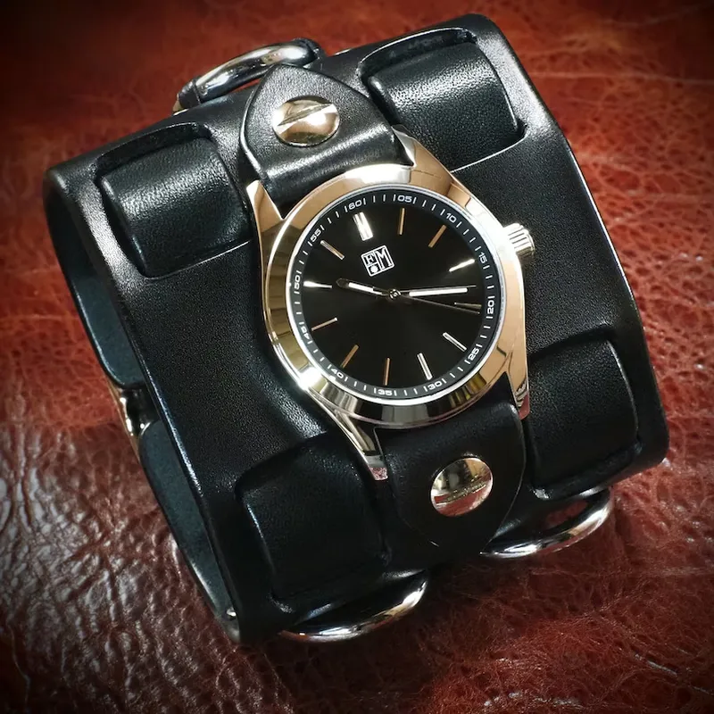 il_794xN.5444528061_6uev Vintage Black Leather Cuff Watch - Image 1